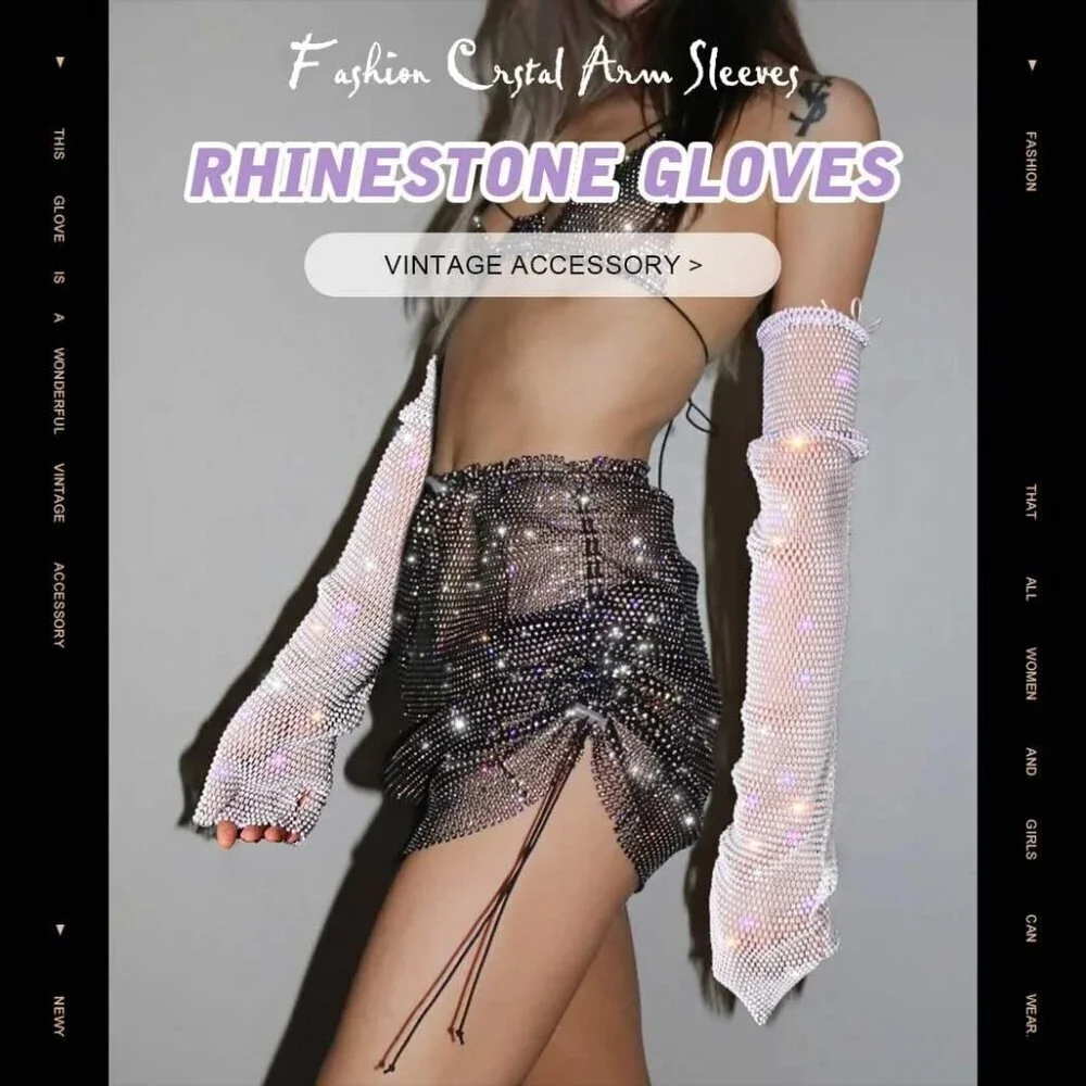 Women's White Rave Rhinestone Gloves Fingerless White New Year Mesh Arm Sleeves